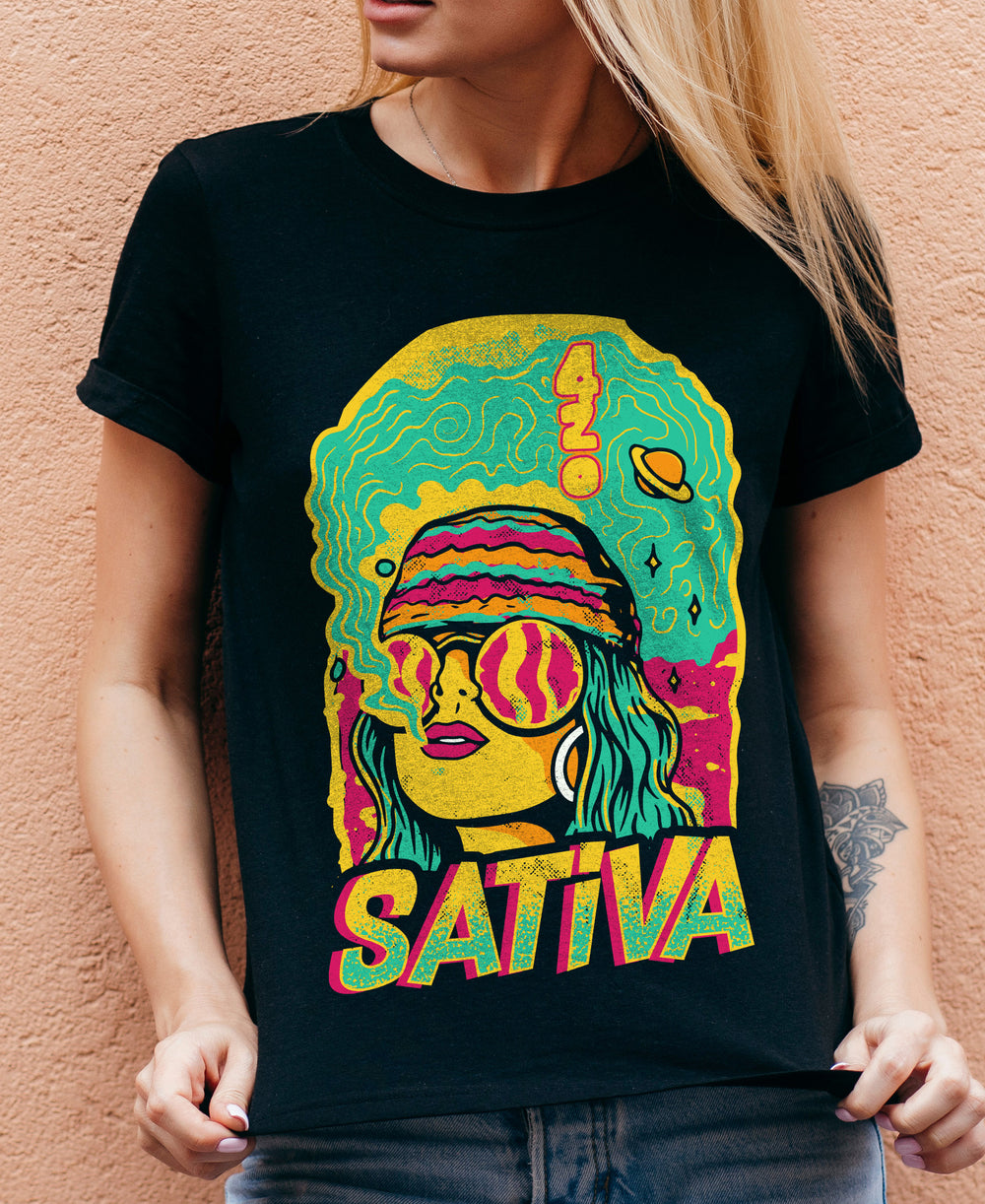 Sativa Vintage Unisex Graphic Tee, 70s Weed Smoking Girl Colorful Vintage Unisex T-shirt Model