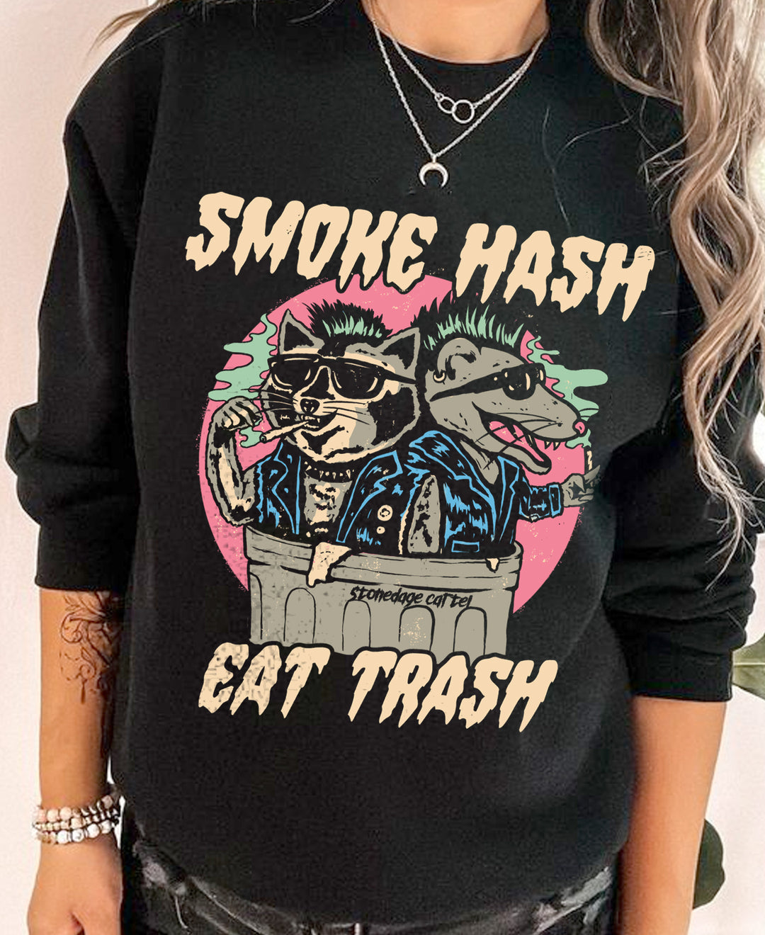 Smoke Hash Eat Trash Unisex Sweatshirt, Raccoon And Rat Smoking Weed Funny Vintage Unisex Sweatshirt