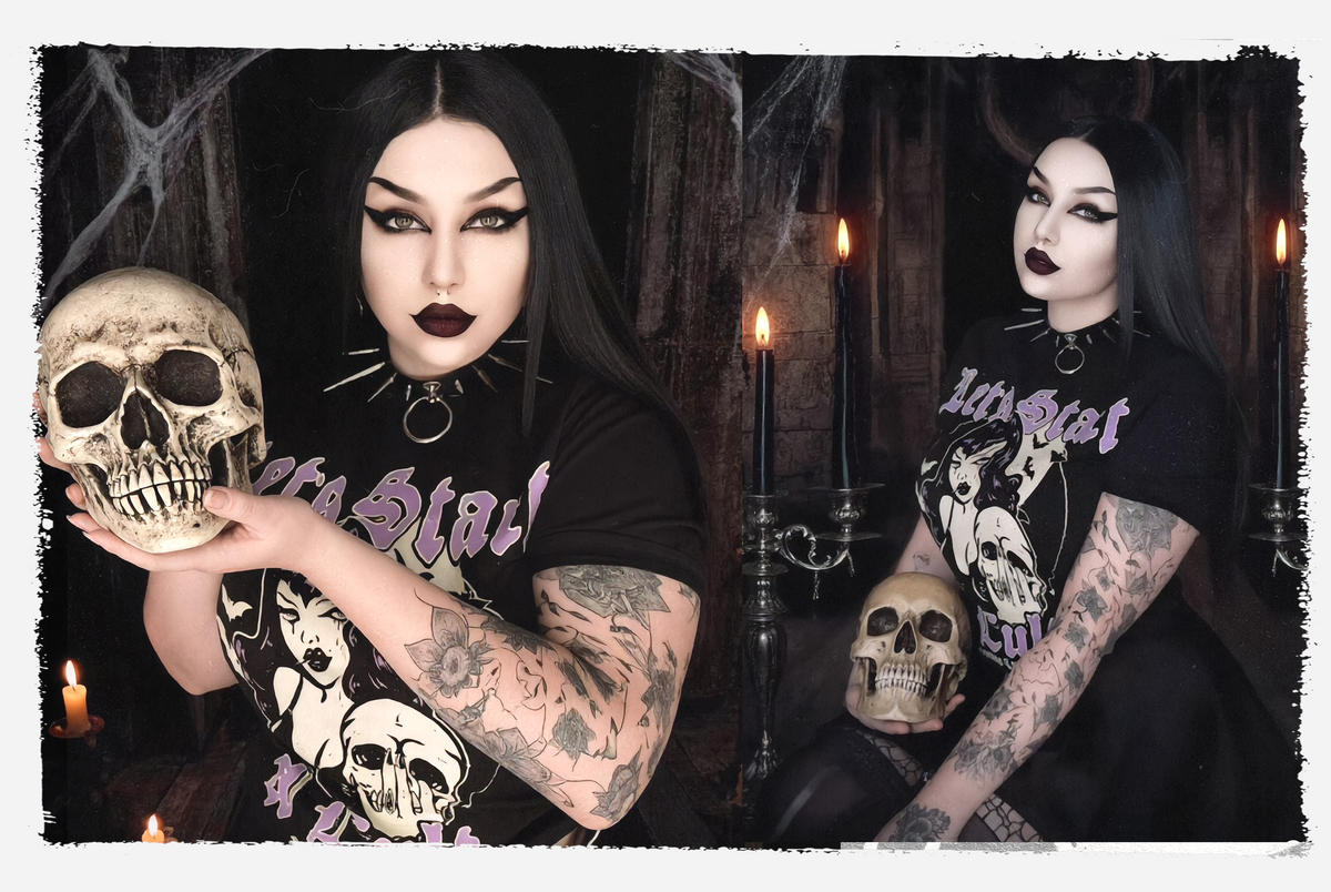 The Gothic Underworld collection from Stonedage Cartel split-screen lifestyle image of a gothic woman with long black hair, dramatic eye makeup, and dark lipstick, wearing a black graphic t-shirt with purple text and skull prints. She is holding a skull in a dark, spooky room with candles.