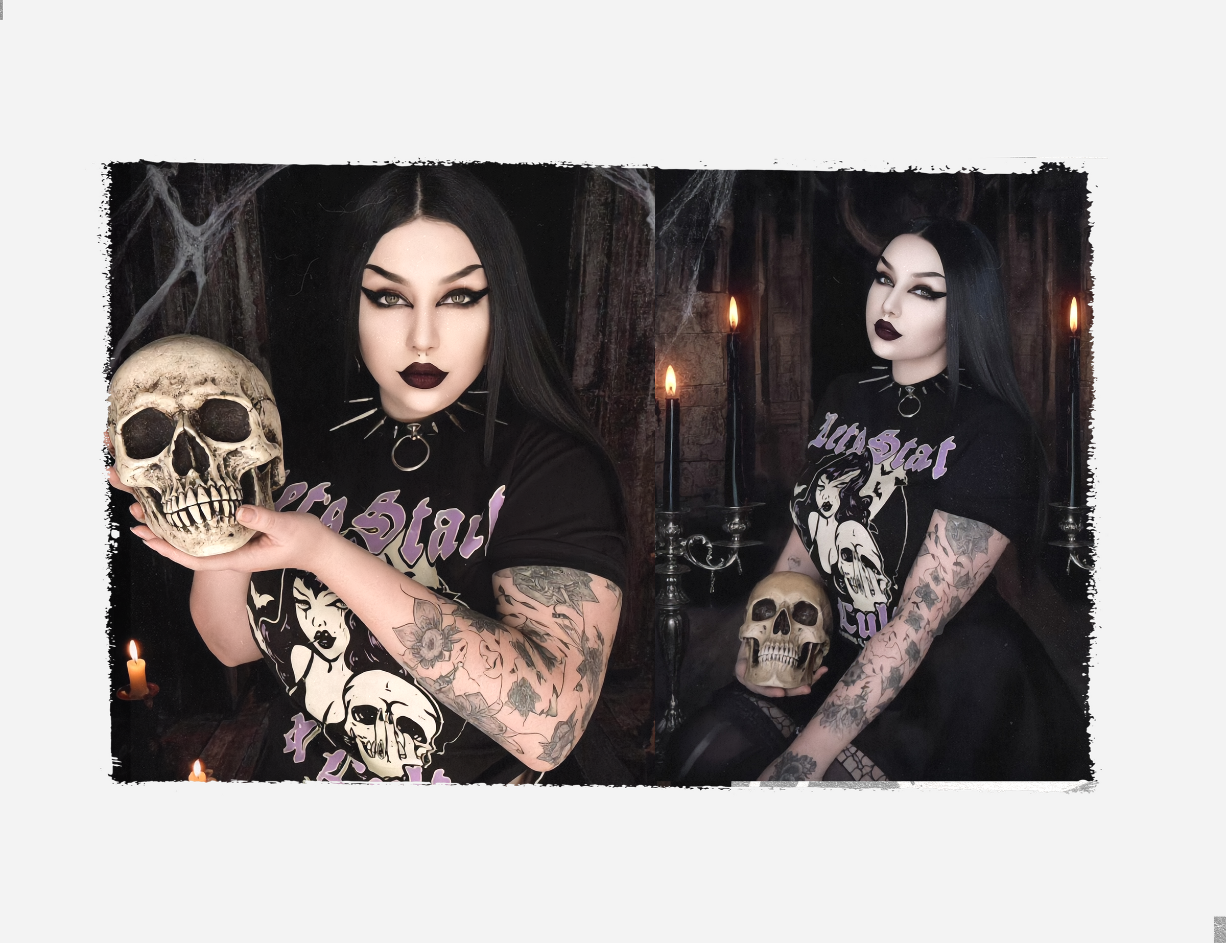 The Gothic Underworld collection from Stonedage Cartel split-screen lifestyle image of a gothic woman with long black hair, dramatic eye makeup, and dark lipstick, wearing a black graphic t-shirt with purple text and skull prints. She is holding a skull in a dark, spooky room with candles.