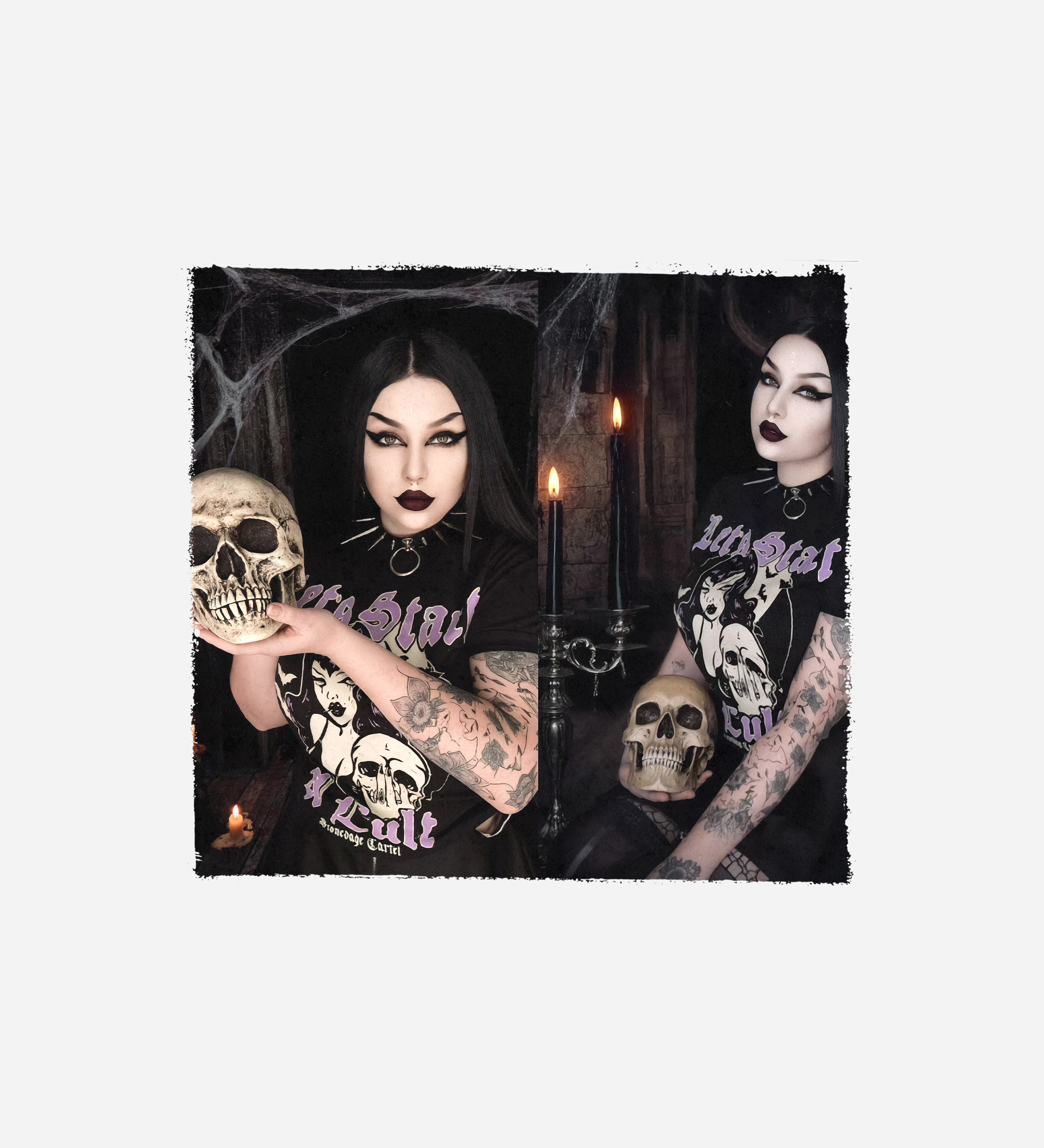 The Gothic Underworld collection from Stonedage Cartel split-screen lifestyle image of a gothic woman with long black hair, dramatic eye makeup, and dark lipstick, wearing a black graphic t-shirt with purple text and skull prints. She is holding a skull in a dark, spooky room with candles.