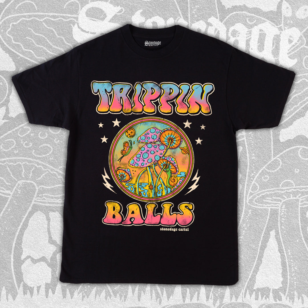 Trippin' Balls Psychedelic Black Unisex T-shirt, Trippy Vintage Colorful Unisex Shirt