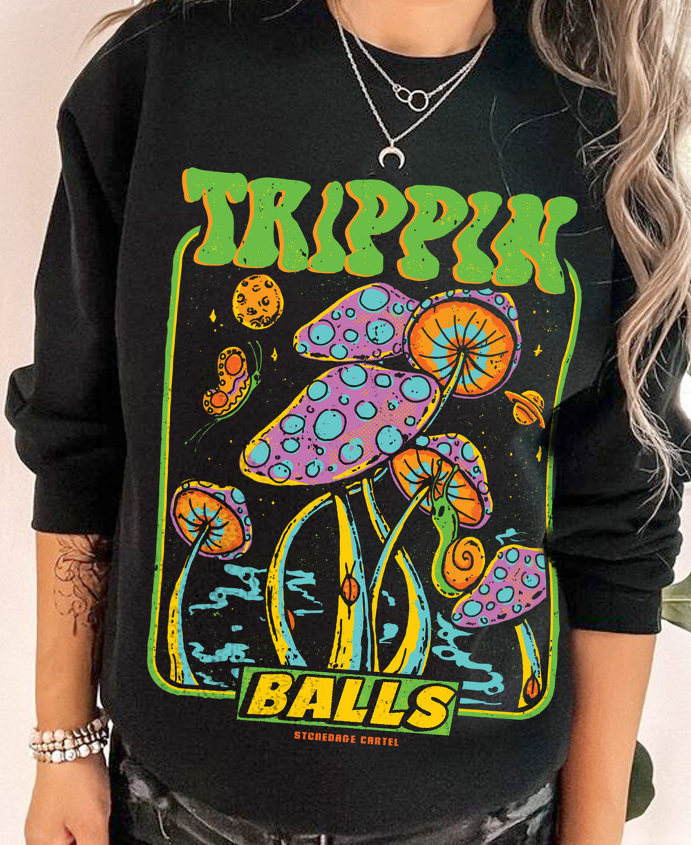 Trippin' Balls Vintage Unisex Sweatshirt, Magic Mushrooms Colorful Trippy Colorful Unisex Sweatshirt Model