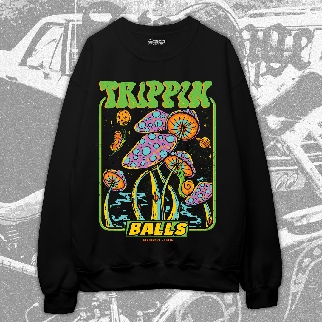Trippin' Balls Vintage Unisex Sweatshirt, Magic Mushrooms Colorful Trippy Colorful Unisex Sweatshirt.
