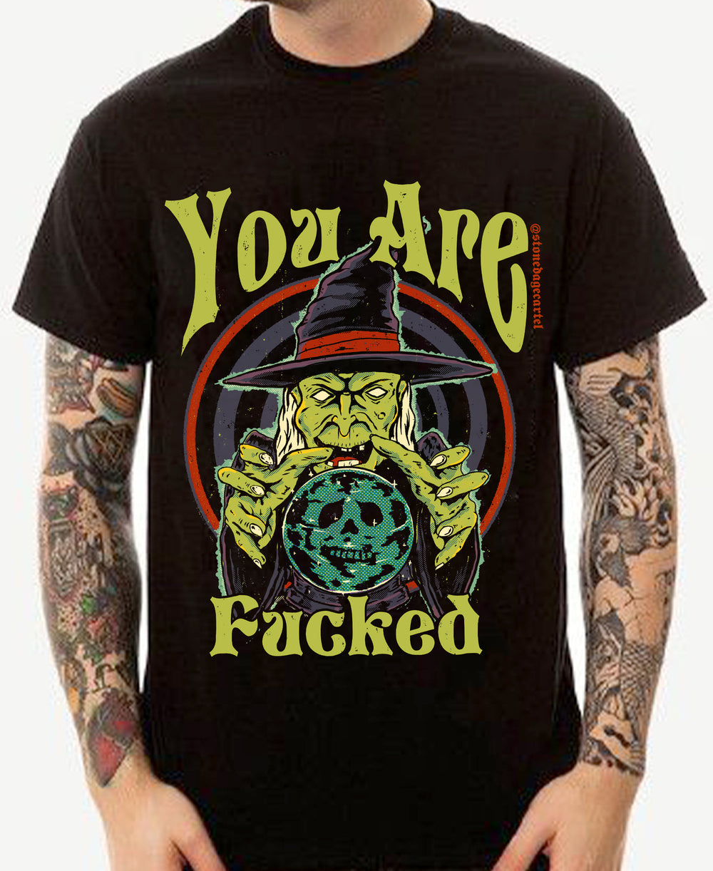 You Are Fucked Vintage Goth Graphic Tee, Wizard Casting Spell Vintage Illustration Funny Unisex T-shirt Model