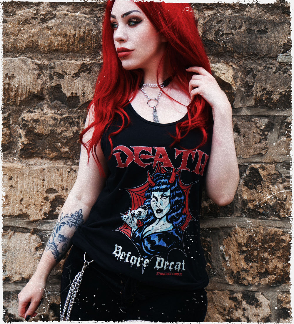Death Before Decaf Vintage Goth Unisex Tank Top Amanda Gray In Black