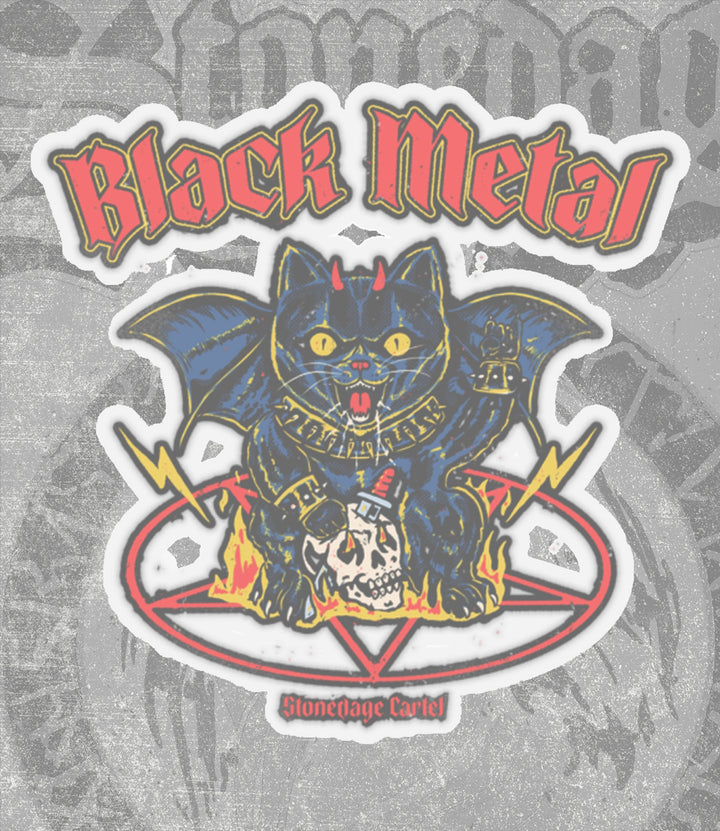 Sticker with black cat, skull, and 'Black Metal' text on a textured background