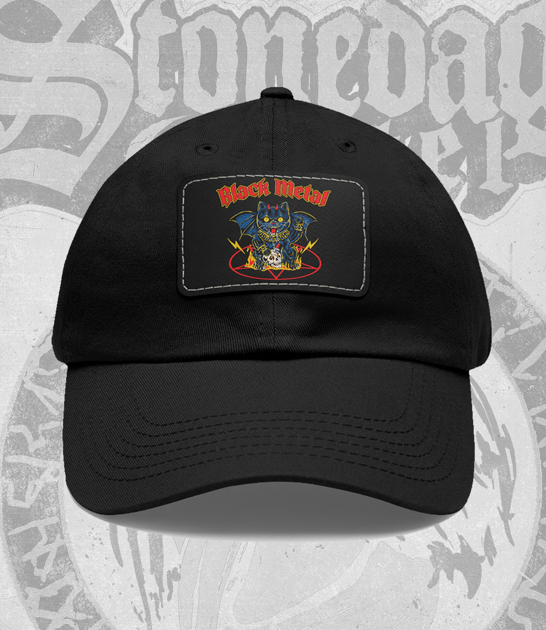Black cap with a colorful patch featuring a cat and 'Rock Metal' text on a gray background.