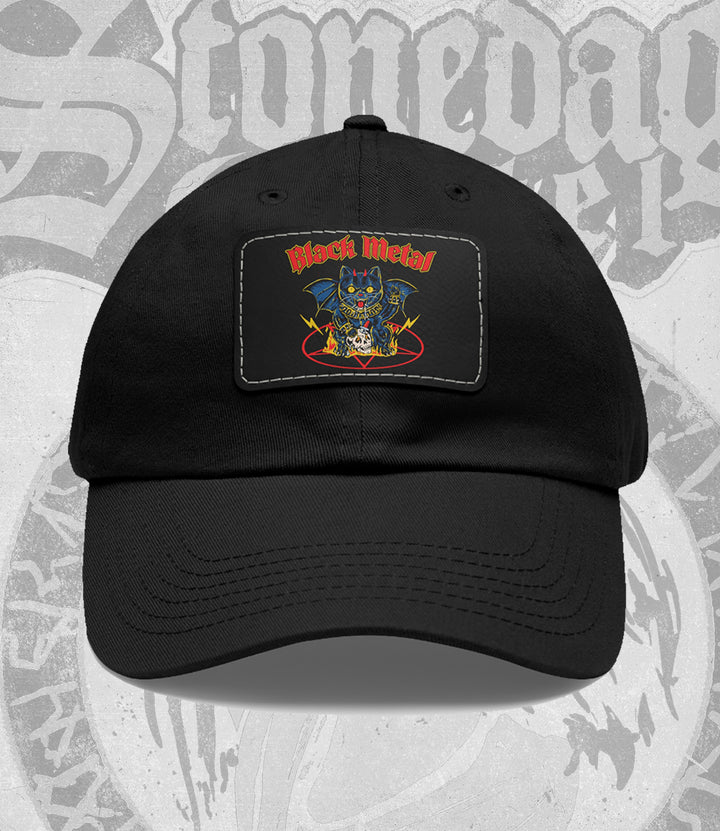 Black cap with a colorful patch featuring a cat and 'Rock Metal' text on a gray background.