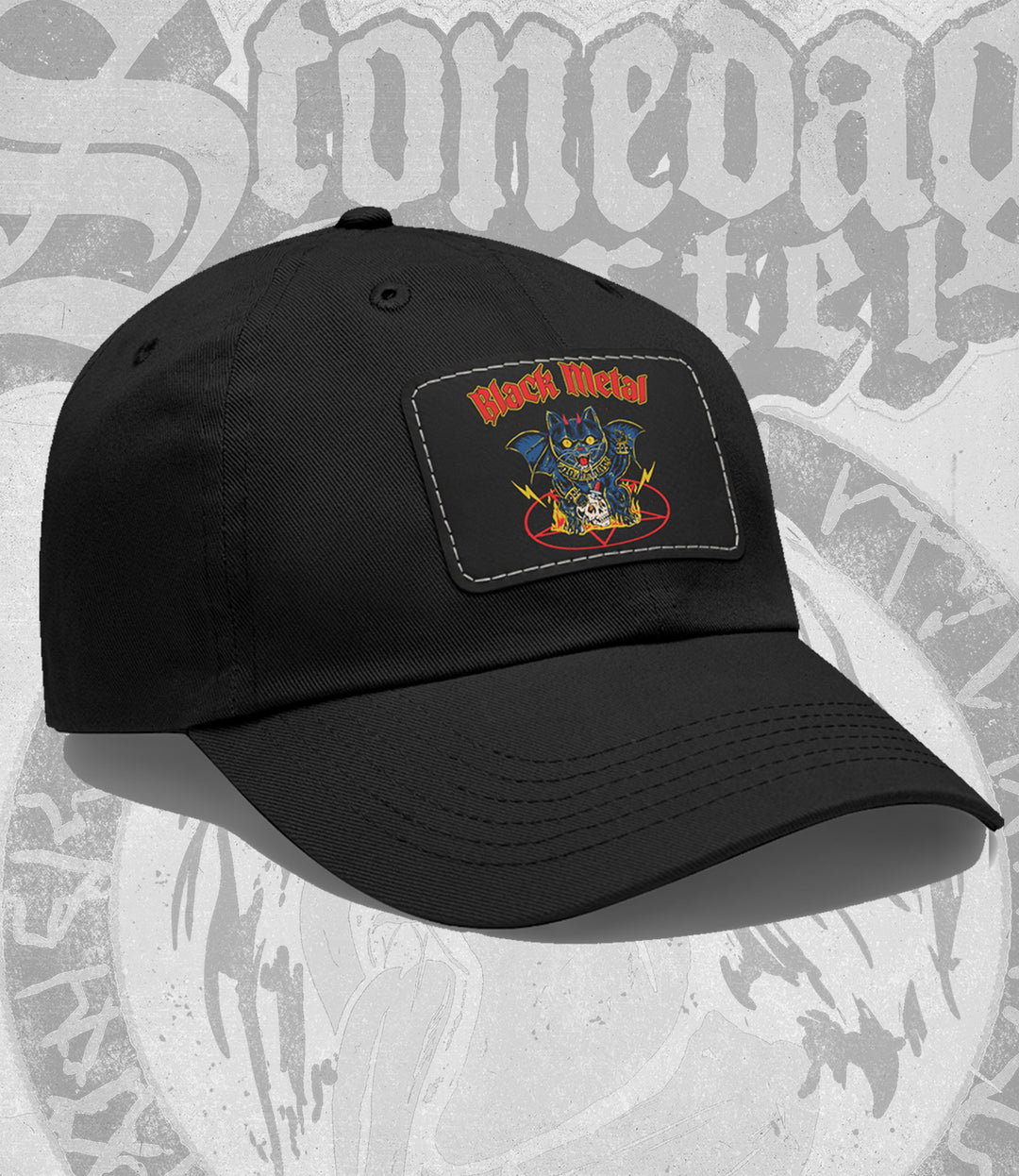 Black cap with a patch featuring 'Black Metal' text and graphic design on a gray background with text.