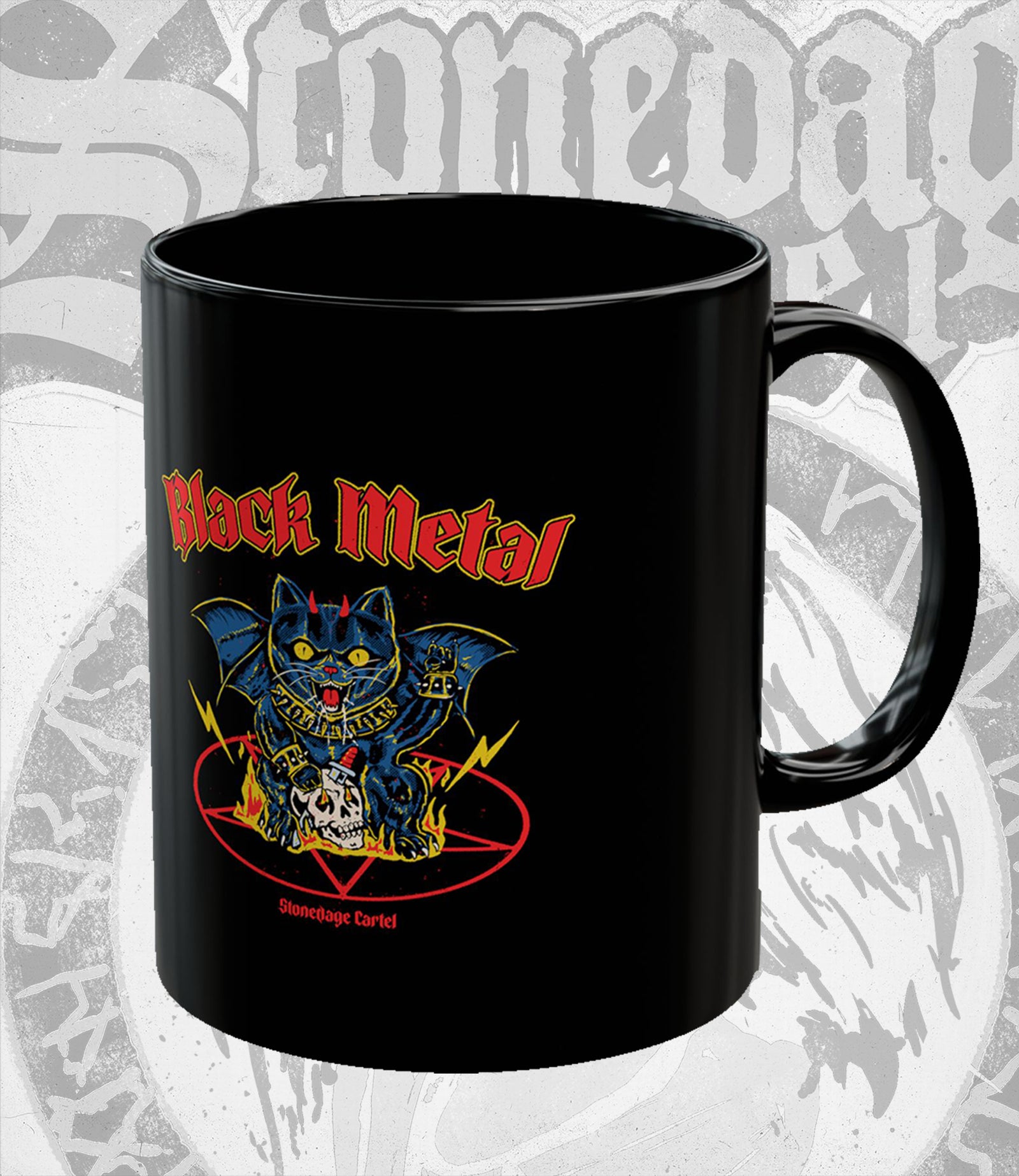 Black mug with 'Black Metal' design featuring a cat and skulls on a gray background.