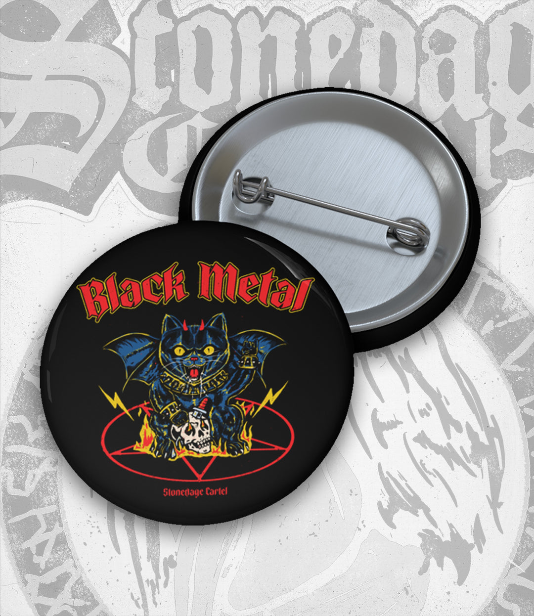 Black metal themed button badge with a cat design on a gray background.
