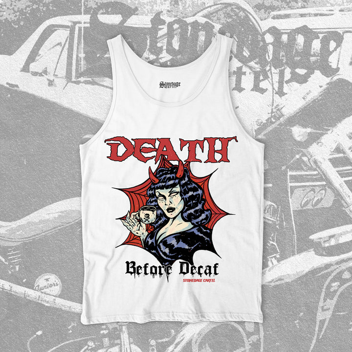 'Death Before Decaf' Unisex Tank Top White