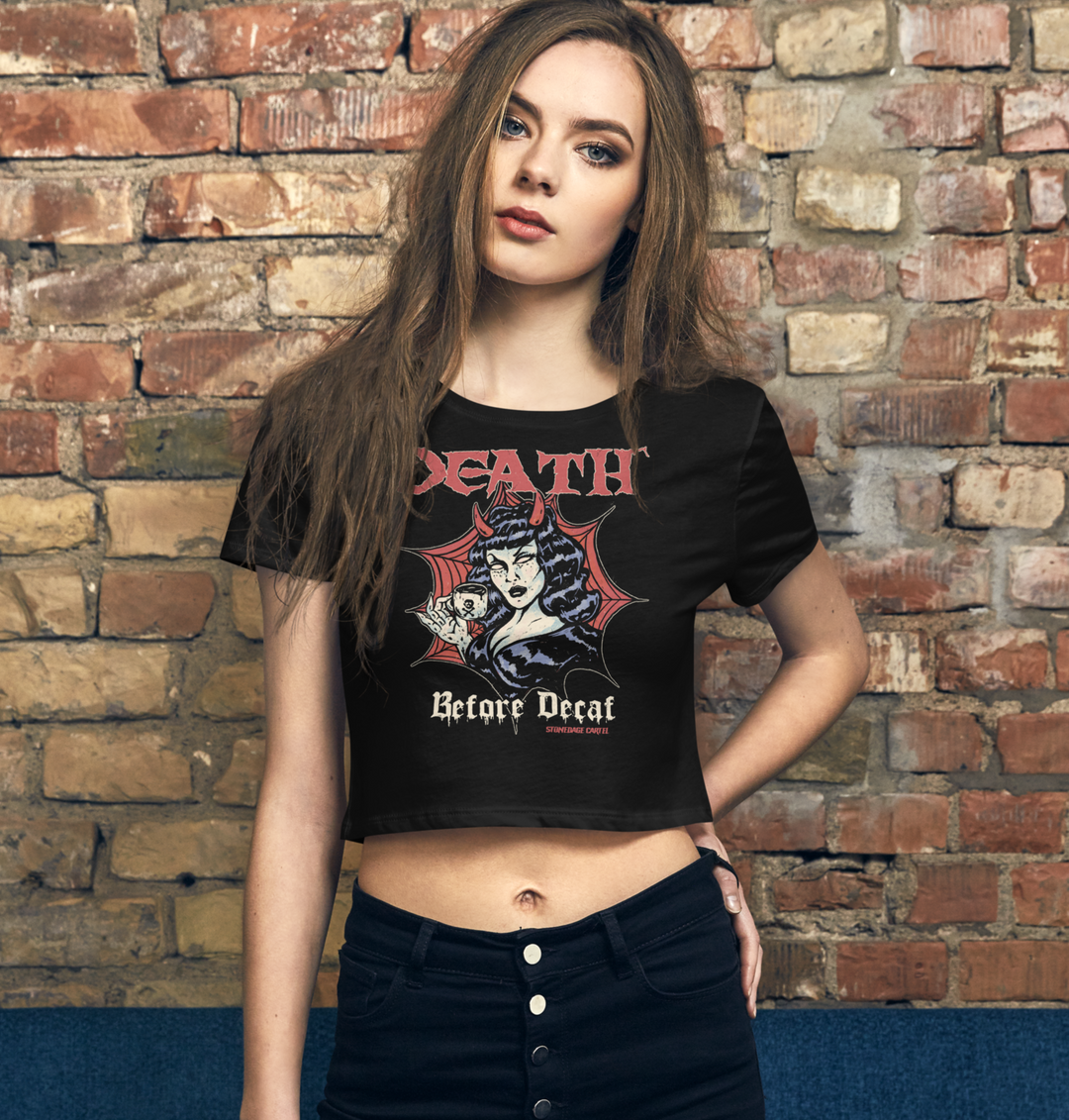 Death Before Decaf Women’s Crop Tee Model