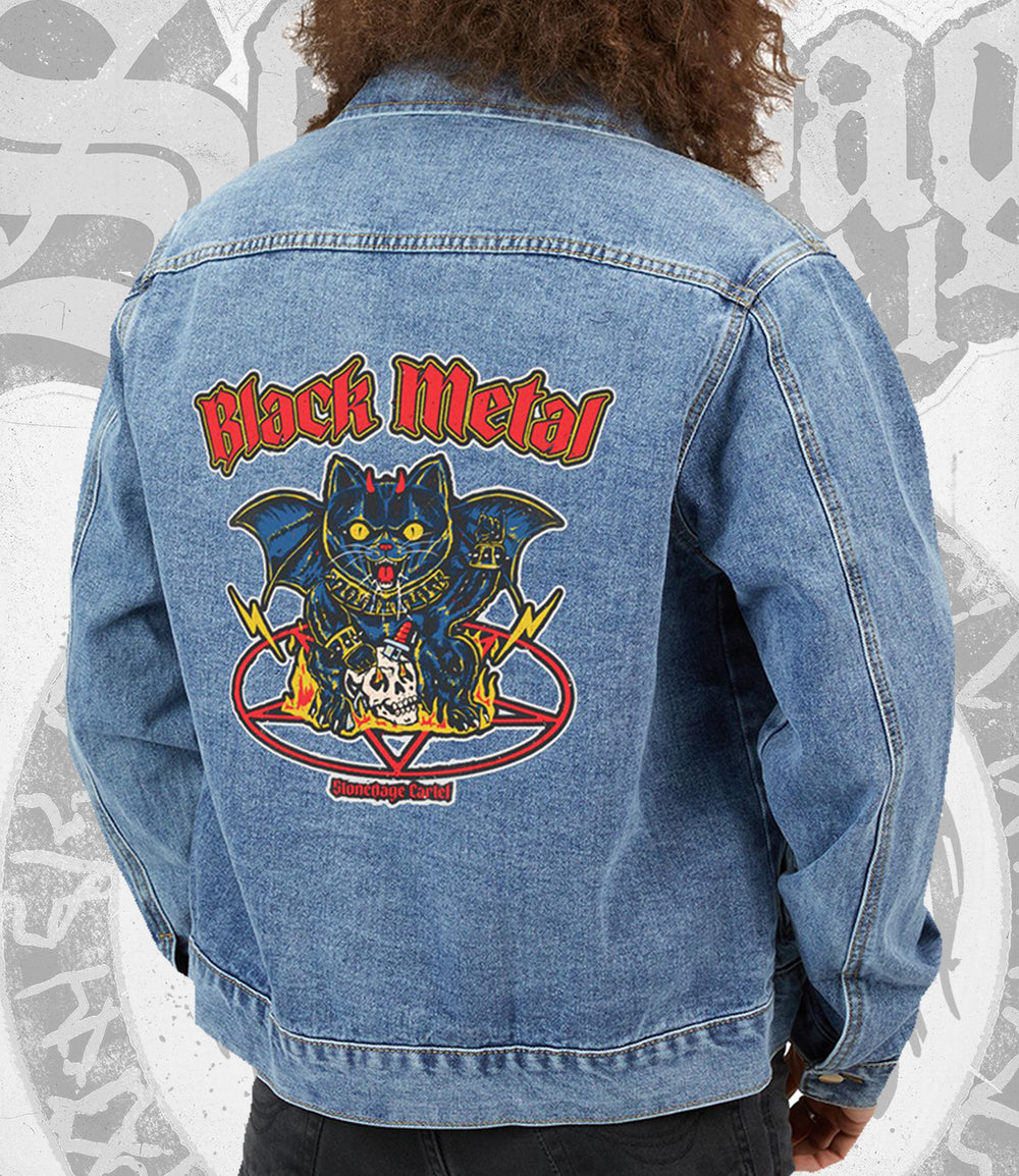 Blue denim jacket with a 'Black Metal' graphic on the back against a gray background.