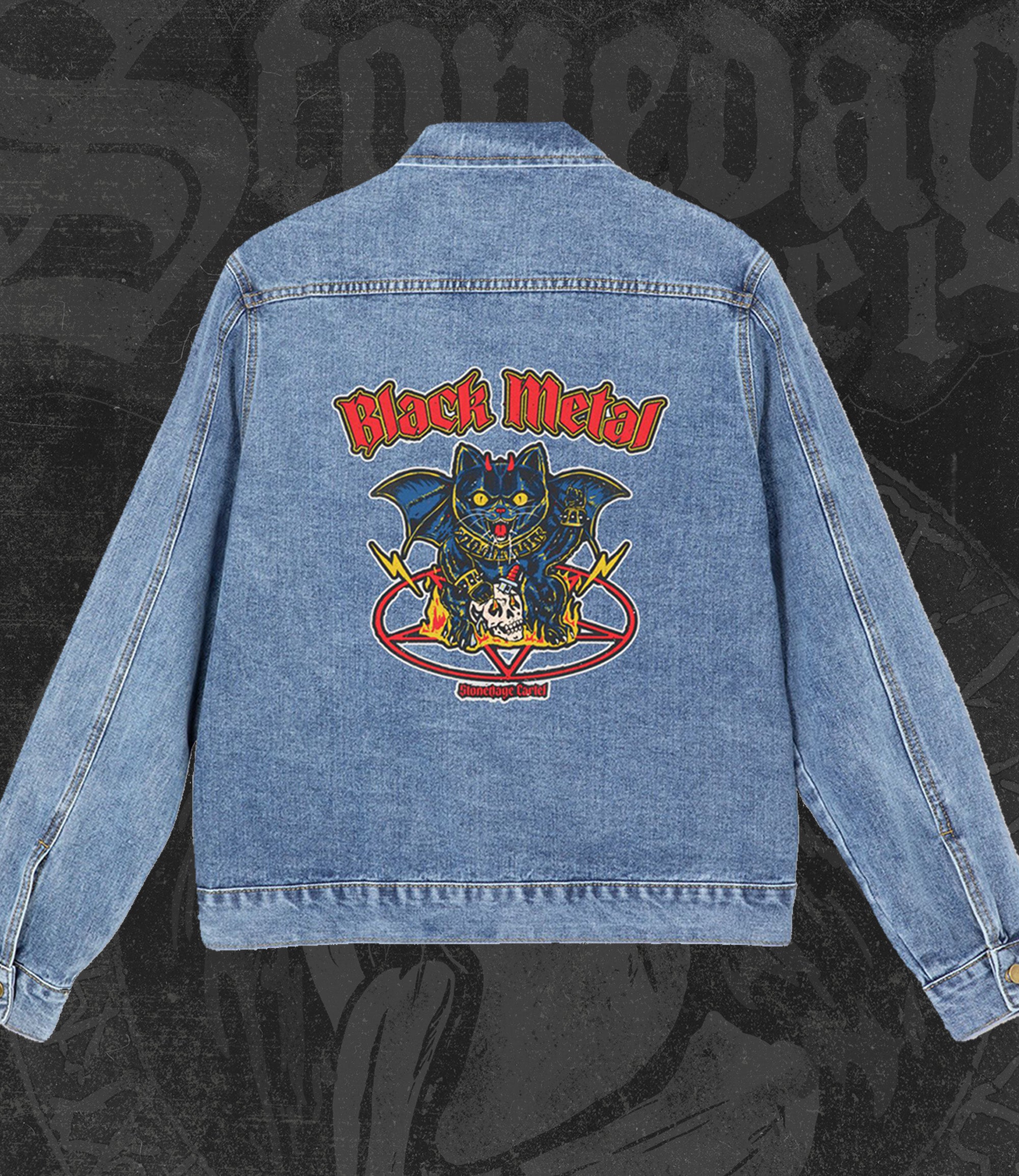Blue denim jacket with black metal-themed graphic on a dark background