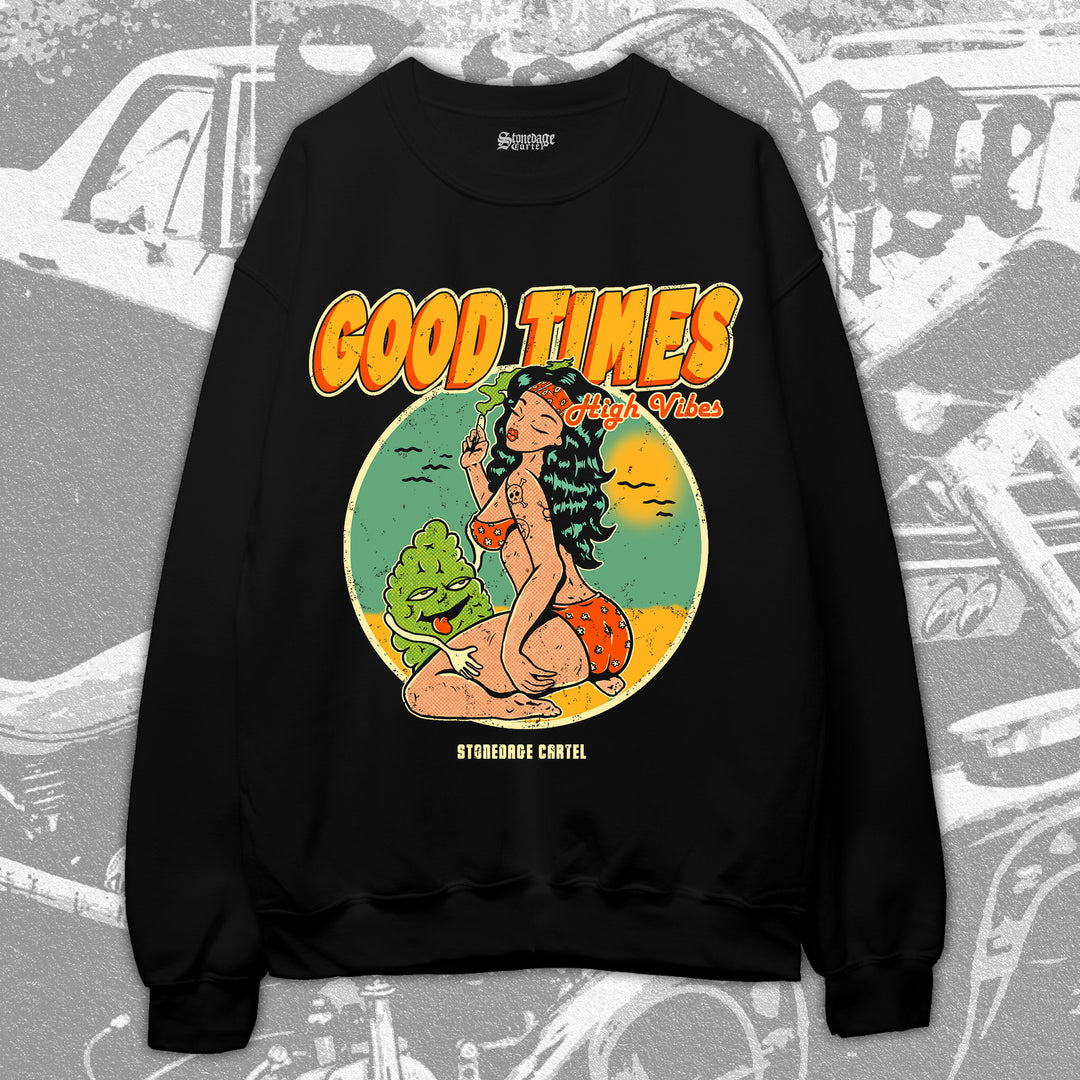 Good Times High Vibes Unisex Sweatshirt, Vintage Pin Up Girl Smoking Weed Sea Side Funny Unisex Sweatshirt.