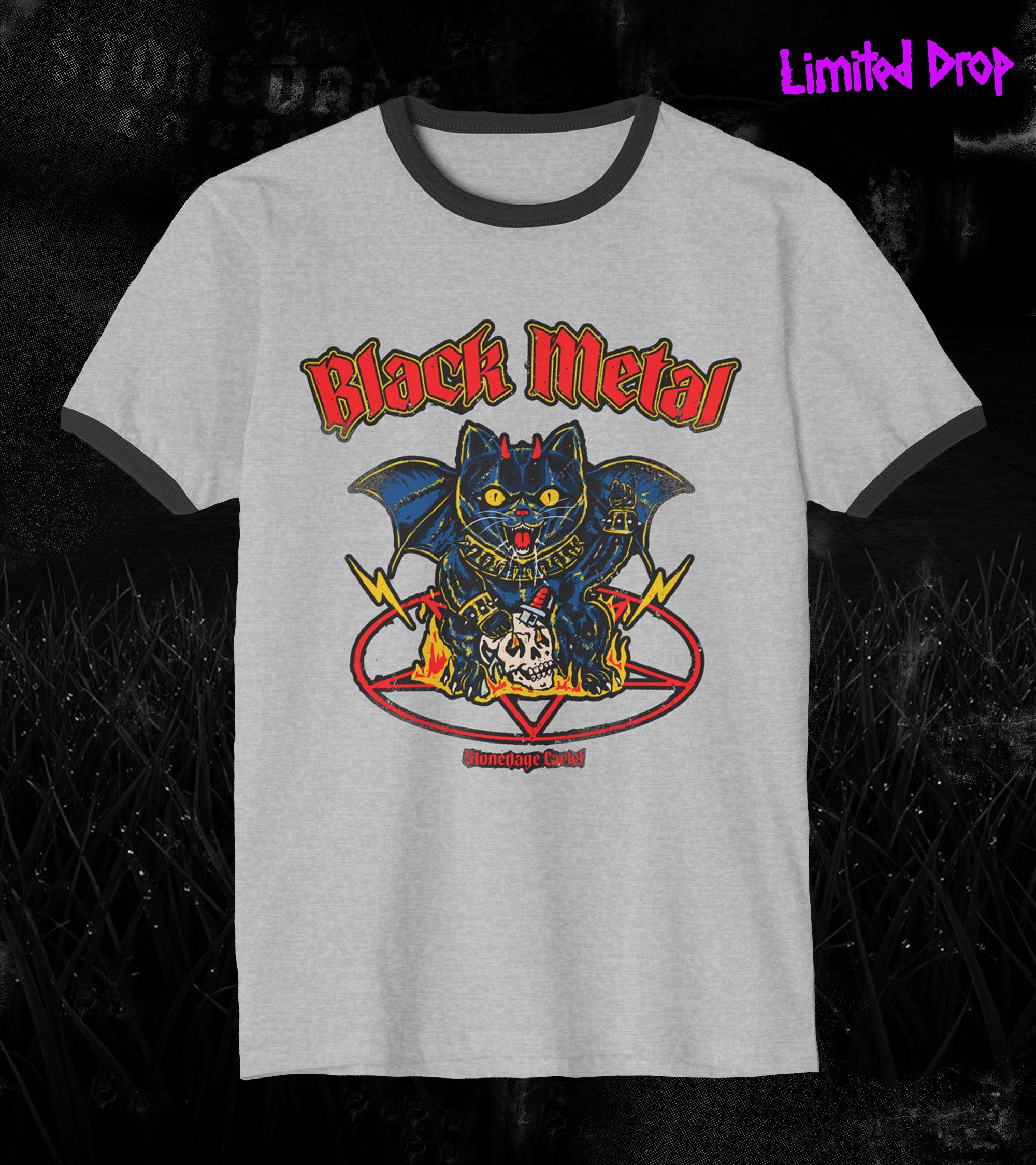 Black Metal Cat Ringer T‑Shirt – Stonedage Cartel Vintage Edgy