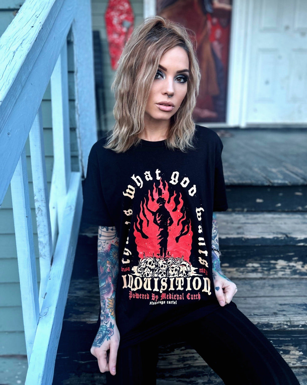 Inquisition-That's What God Wants Vintage Goth Unisex T-shirt, Anti Church Crimes Goth Graphic T-shirt Tattoo Girl Model
