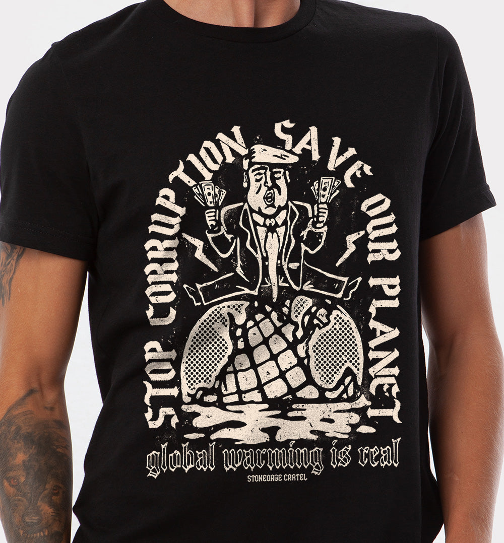 Stop Corruption Save Our Planet Anti Donald Trump Unisex Shirt, Tattoo Style Funny Shirt Activism Anti Corruption Global Warming T-shirt Model