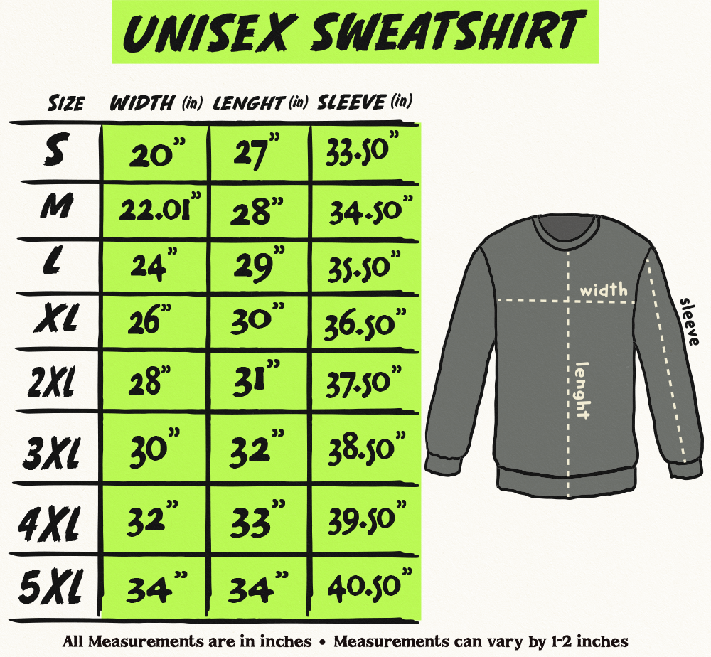 Crewneck sweatshirt size chart