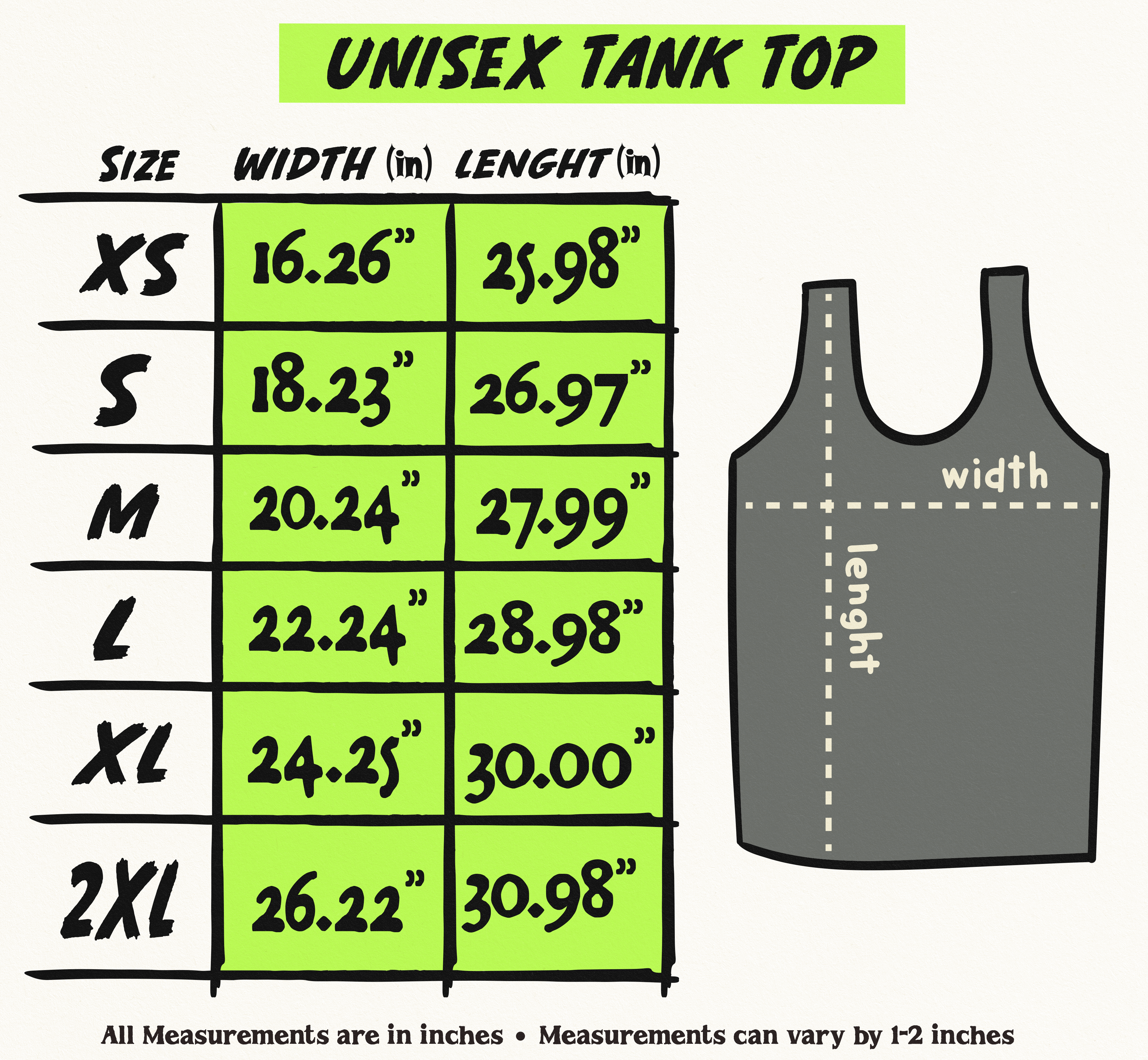 Unisex tank top size chart