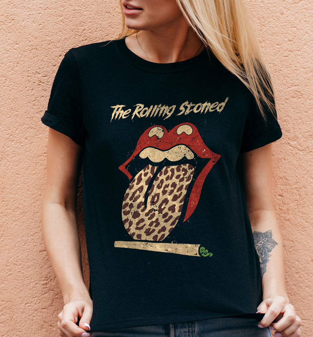 The Rolling Stoned Unisex T-shirt, Funny Rocker Blunt Rolling Vintage Unisex T-shirt. Model Woman