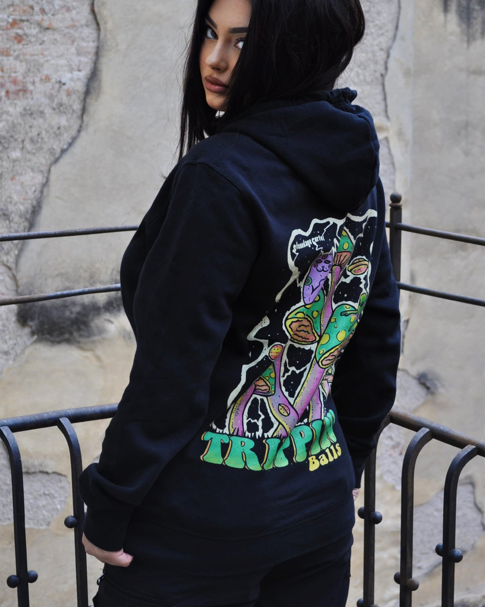 Trippin Balls Psychedelic Unisex Front Back Hoodie Model