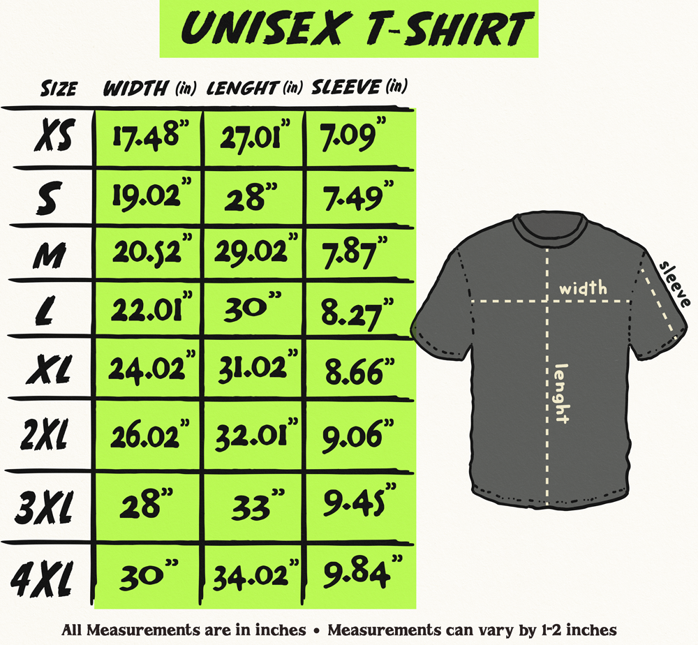 Unisex t-shirt size chart