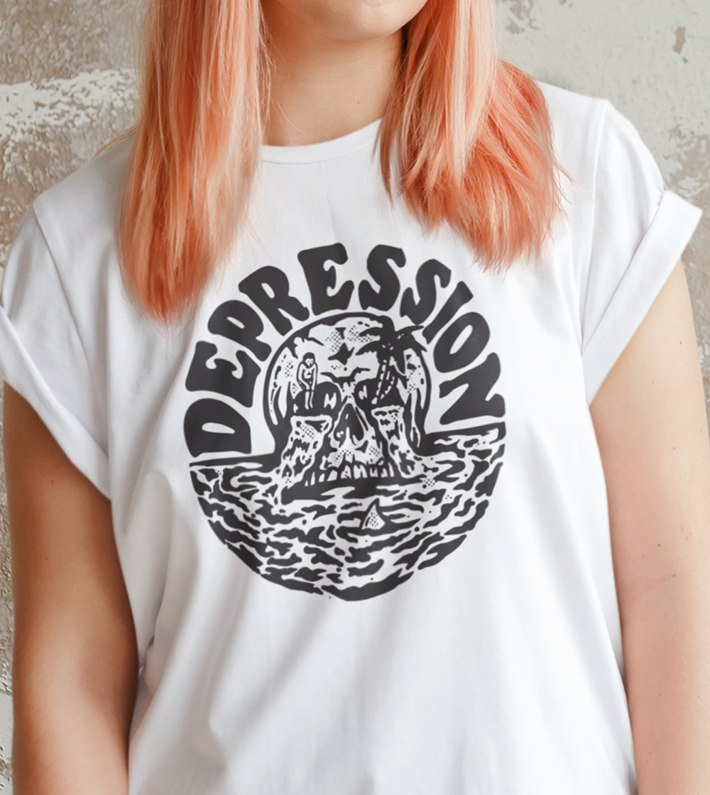 Depression Unisex Tattoo Style Vintage T-shirt, Skull Crying see, Stonedage Cartel. woman model